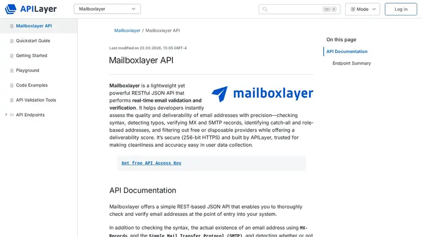 Mailboxlayer homepage screenshot