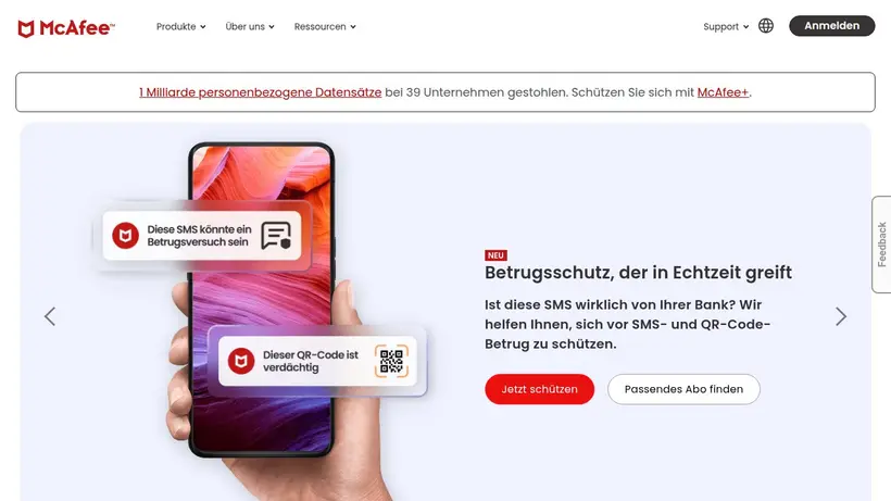McAfee homepage screenshot