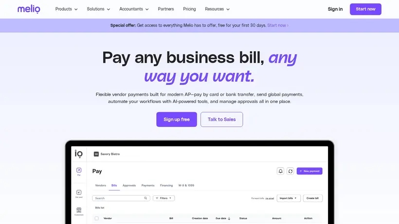 Melio homepage screenshot