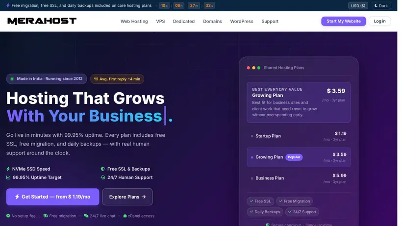 Mera Host homepage screenshot