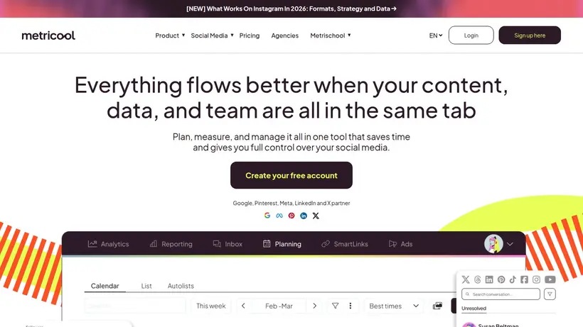Metricool homepage screenshot