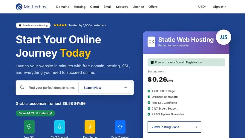 MotherHost homepage screenshot