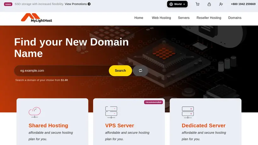My Light Host homepage screenshot