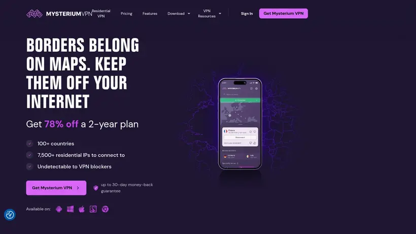 Mysterium VPN homepage screenshot