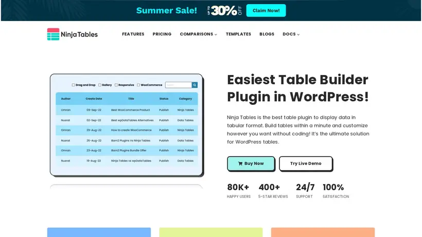 Ninja Tables homepage screenshot
