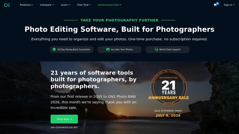 ON1 Software homepage screenshot