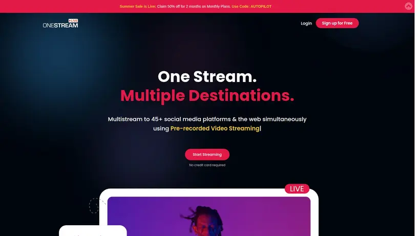 One Stream Live homepage screenshot