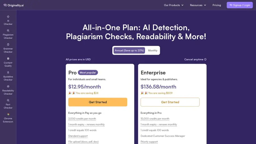 Originality AI homepage screenshot
