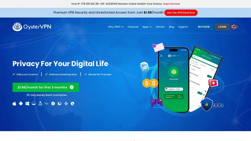 OysterVPN homepage screenshot