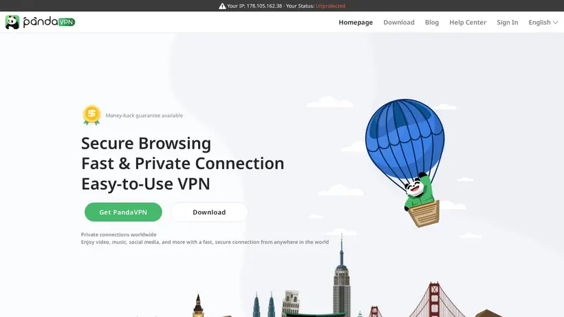 Panda VPN Pro homepage screenshot