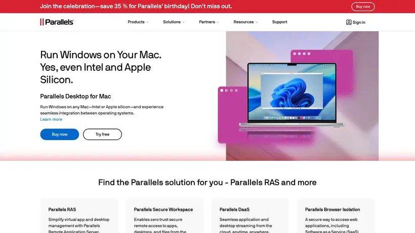 Parallels homepage screenshot