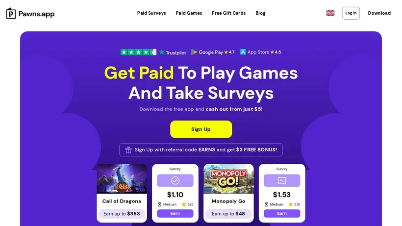 Pawns.app homepage screenshot