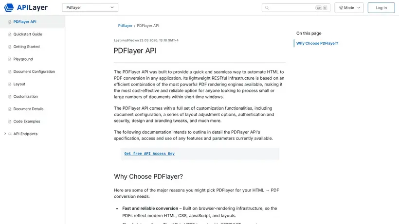 Pdflayer API homepage screenshot