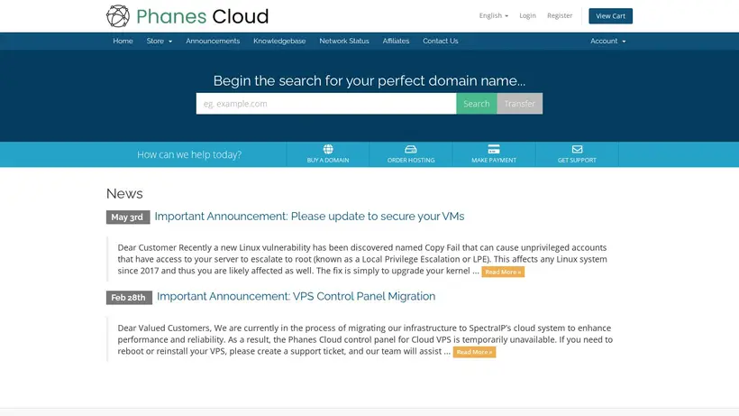 Phanes Cloud homepage screenshot