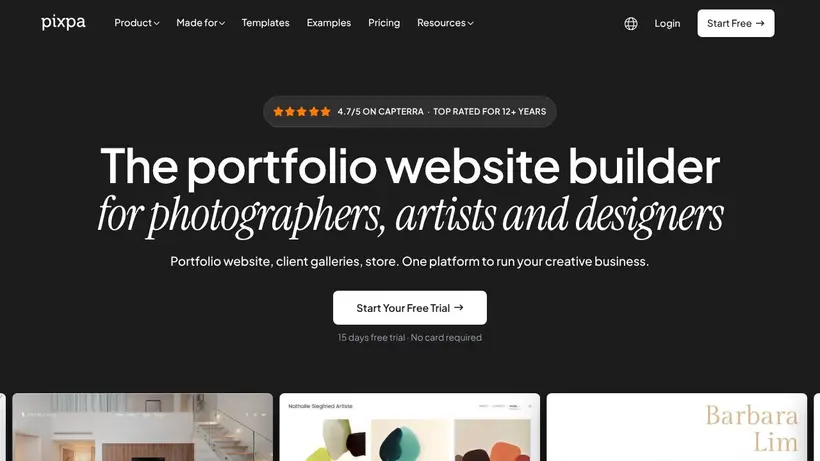 Pixpa homepage screenshot