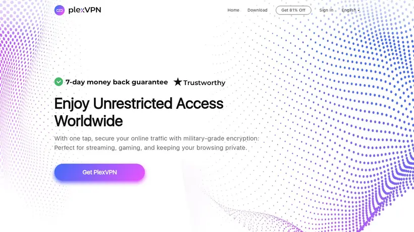 PlexVPN homepage screenshot