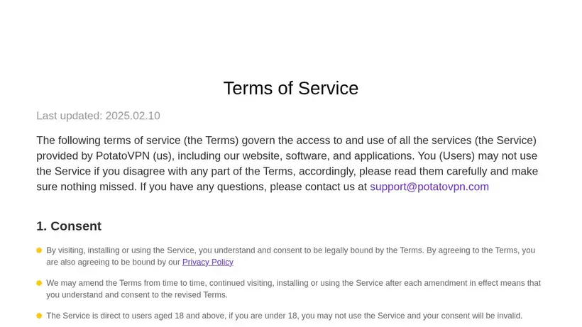 Potato VPN homepage screenshot
