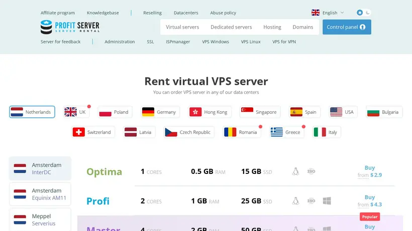 Profit Server homepage screenshot
