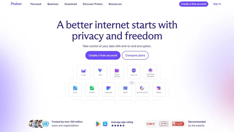 Proton Mail homepage screenshot