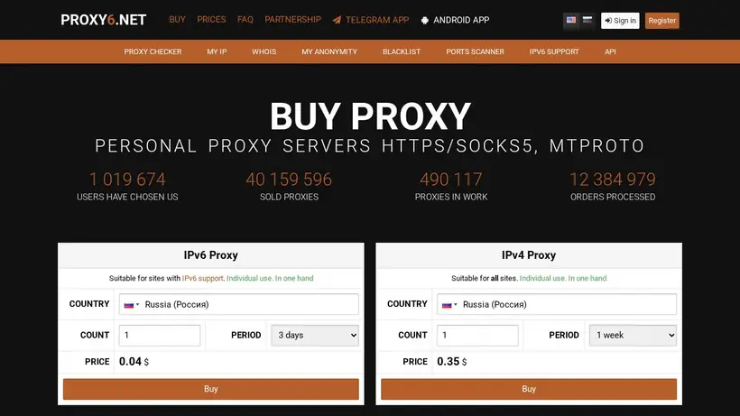 Proxy6.net homepage screenshot