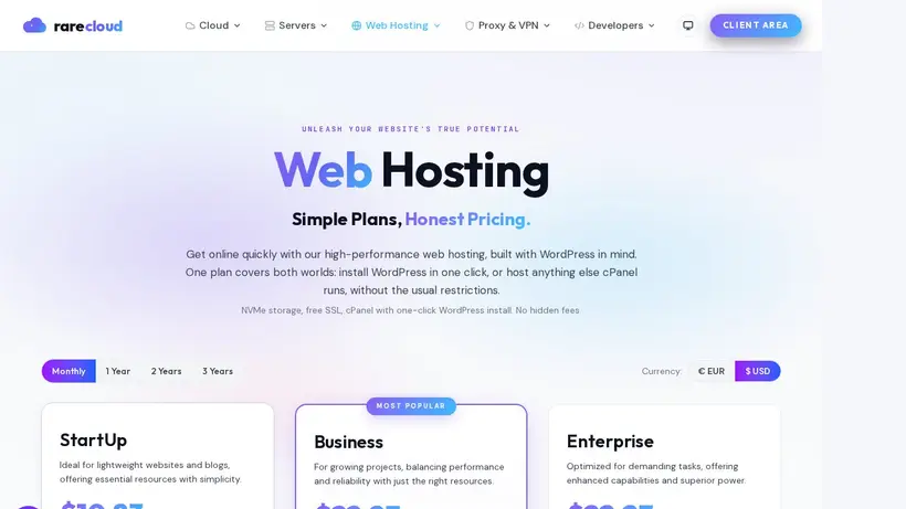 Rare Cloud homepage screenshot