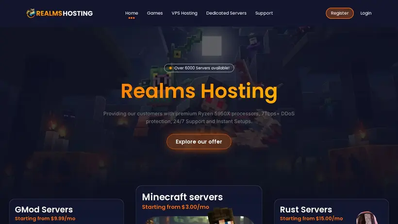 Realms Hosting homepage screenshot