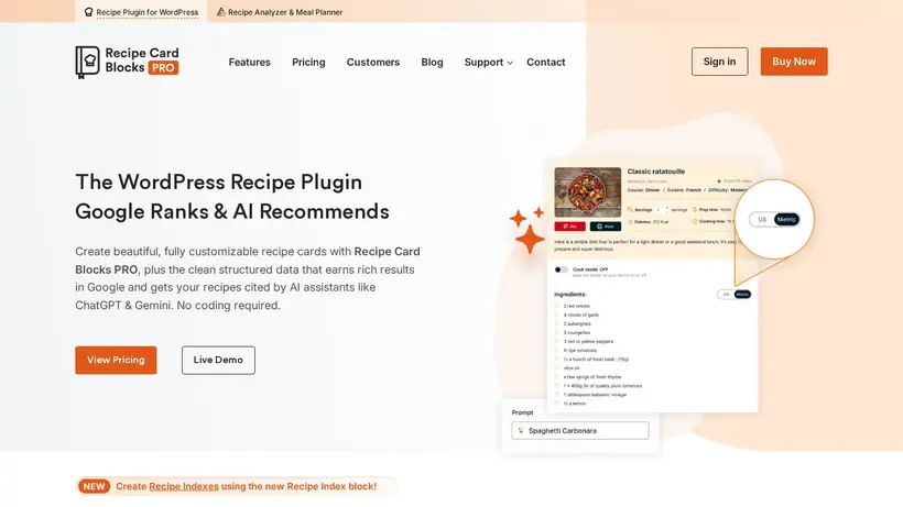 Recipe Card Blocks homepage screenshot