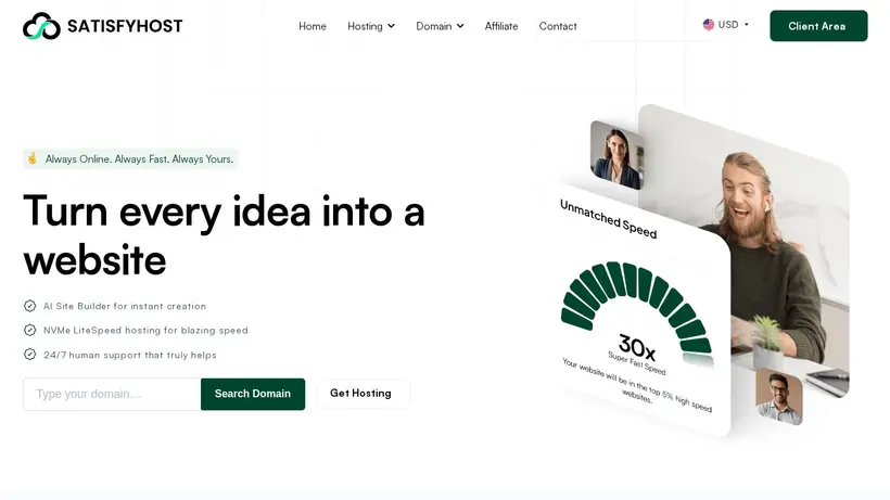 Satisfy Host homepage screenshot