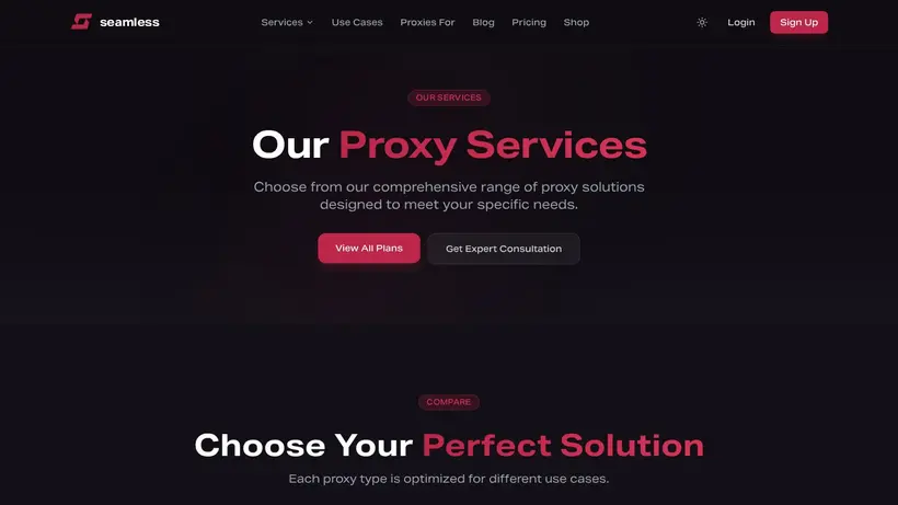 Seamless Proxies homepage screenshot