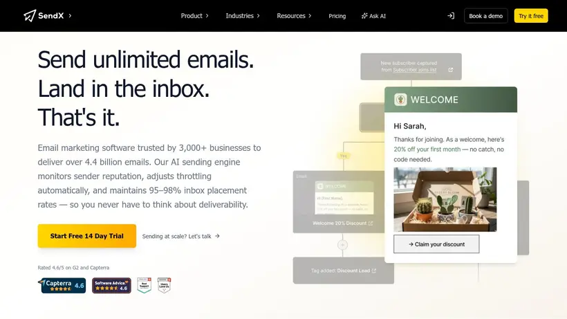 Sendx.io homepage screenshot