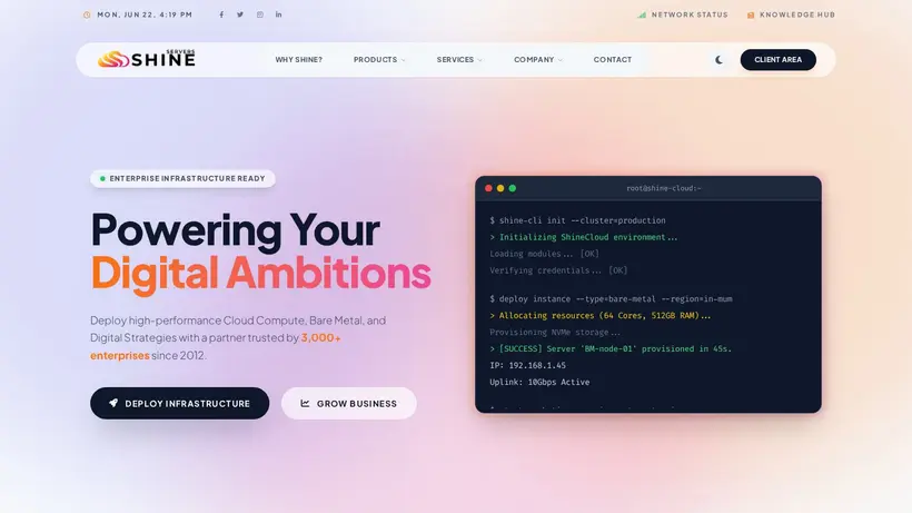 Shine Servers homepage screenshot