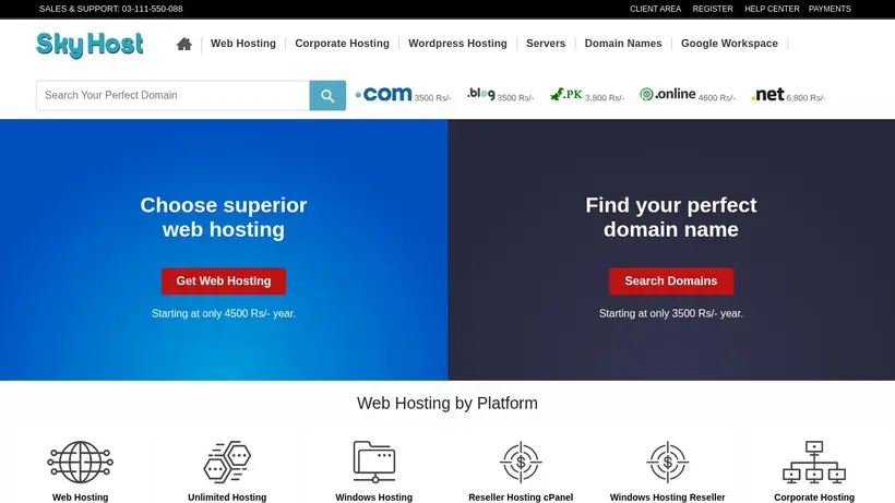 SkyHost.pk homepage screenshot