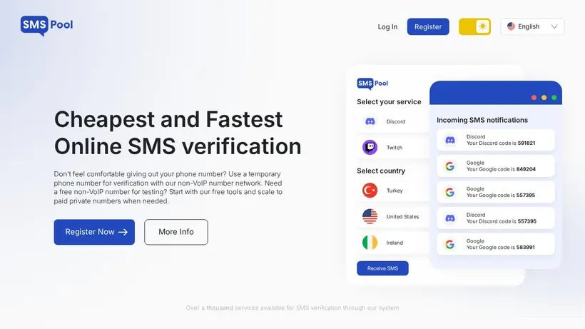 SMS Pool homepage screenshot