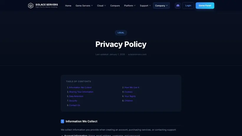 Solace Servers homepage screenshot