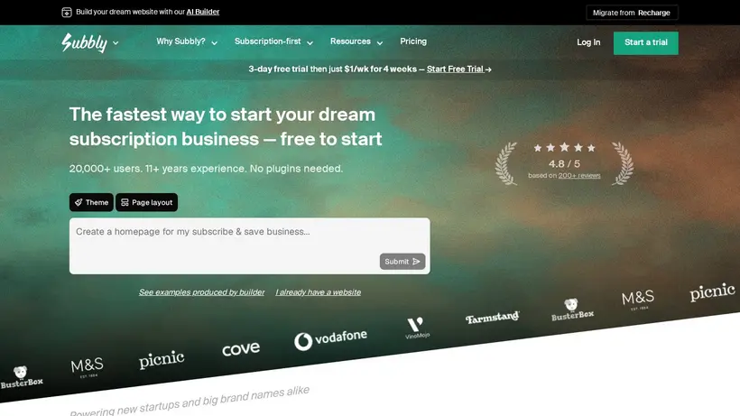 Subbly homepage screenshot