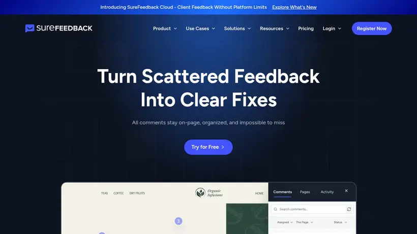 Sure Feed back homepage screenshot