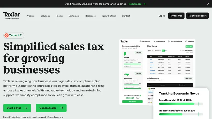 TaxJar homepage screenshot