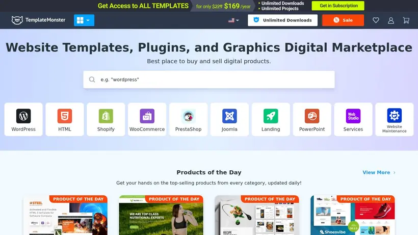 Template Monster homepage screenshot