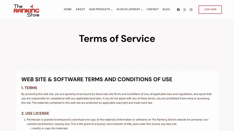 The Ranking Store homepage screenshot