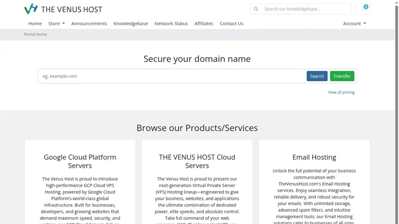 TheVenusHost homepage screenshot