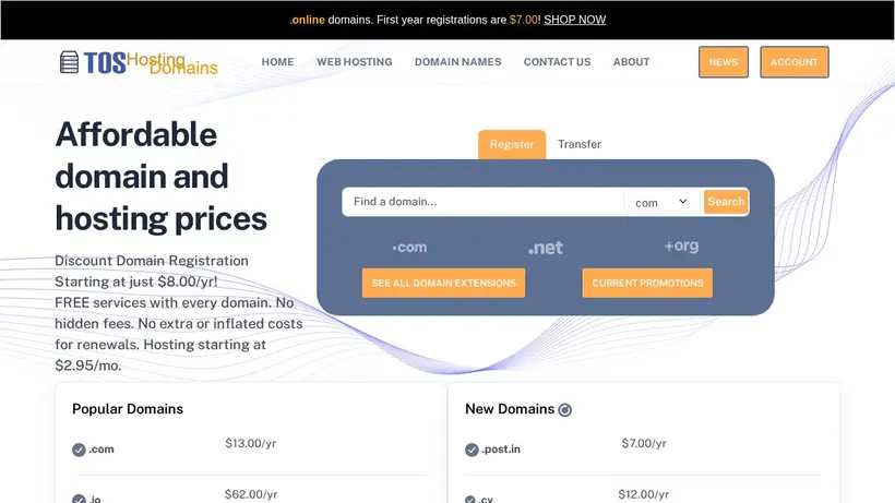 TOS Domains homepage screenshot
