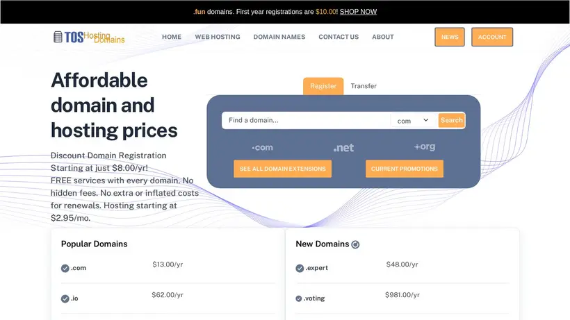 TOS Hosting homepage screenshot