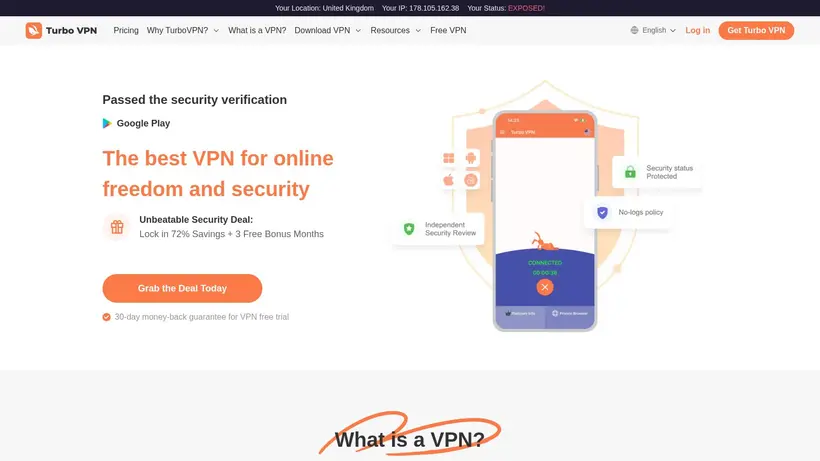 Turbo VPN homepage screenshot