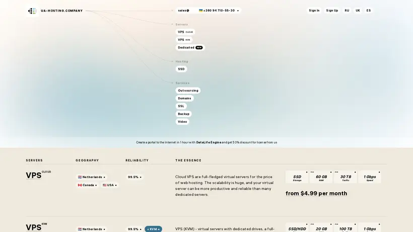 Ua Hosting Company homepage screenshot