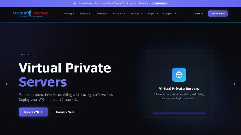 Unique Hosting homepage screenshot