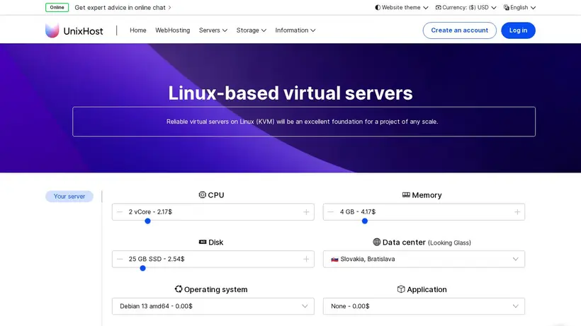 UnixHost homepage screenshot