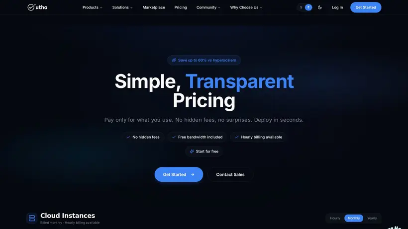 Utho homepage screenshot