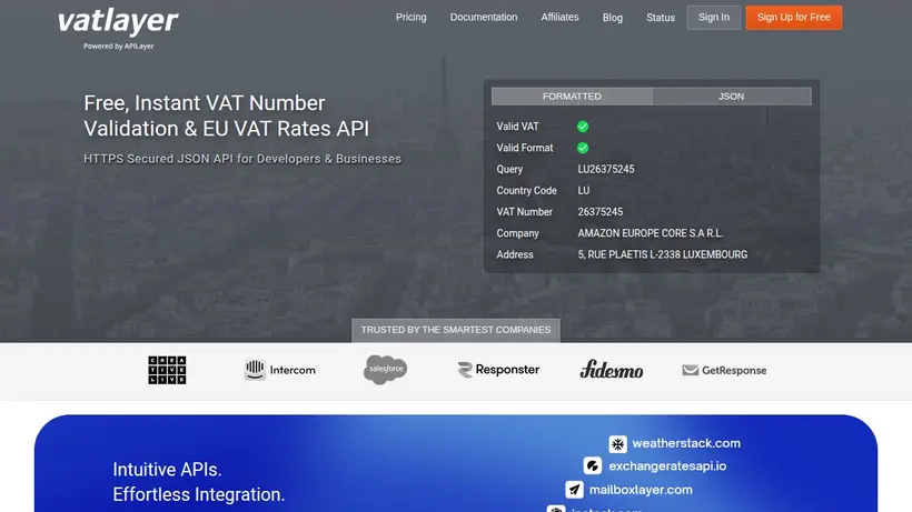 Vatlayer API homepage screenshot