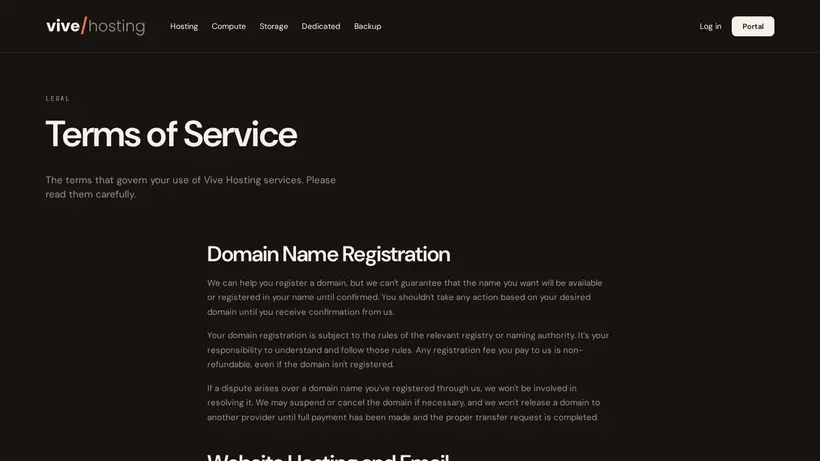 Vive Hosting homepage screenshot