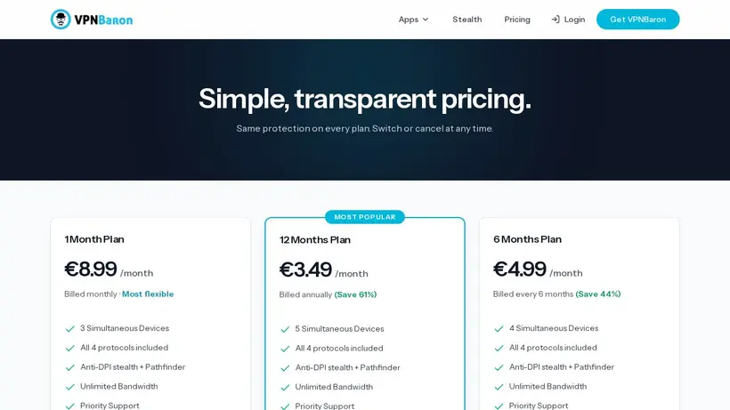 VPNbaron homepage screenshot